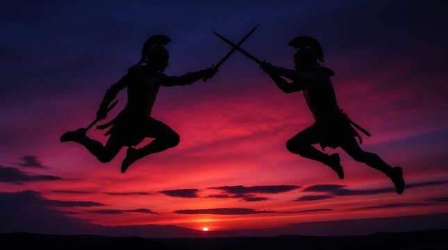 Silhouettes of ancient warriors fighting in mid-air at dramatic sunset