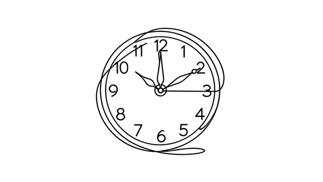 Hand drawn analog clock illustration white background.