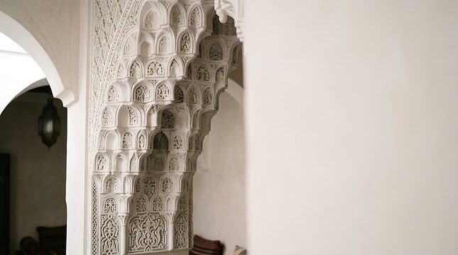 Intricate white carved islamic arch with geometric patterns
