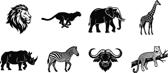 African safari wildlife vector silhouette collection featuring lion, elephant, giraffe, rhino, zebra, and leopard © MdMahedi