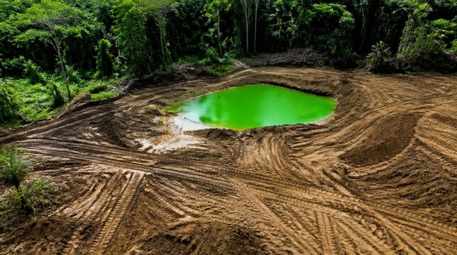 Environmental destruction with toxic green pond in deforested area