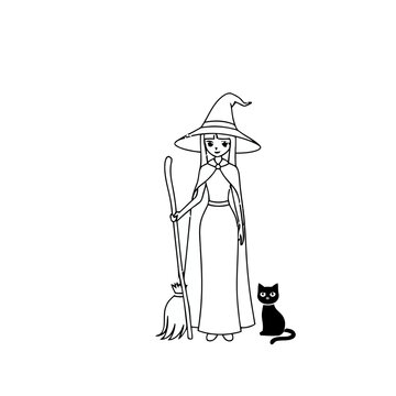 Witch with Broom and Black Cat