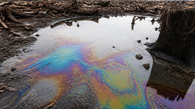 Iridescent oil slick on water in a deforested landscape showing pollution