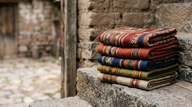 Stack of colorful traditional woven textiles on stone steps