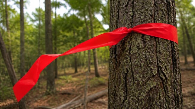 Red ribbon tied around a tree trunk in a lush green forest