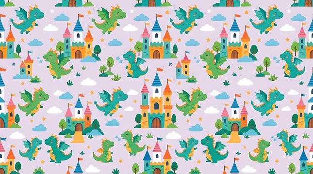 Cute dragon and fantasy castle seamless pattern on purple background