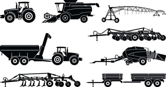 Vector silhouette collection of agricultural heavy machinery, farm tractors, combine harvester, and cultivation equipment