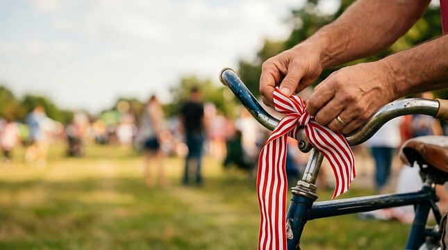 Hands tying red and white striped ribbon to vintage bicycle handlebars