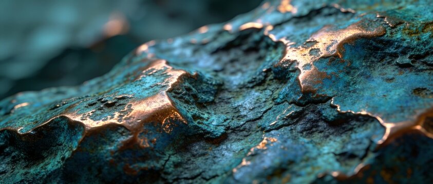 Macro shot of a rough copper texture featuring vibrant turquoise patina.