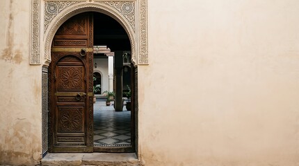 Obraz premium Intricately carved wooden door in traditional moroccan entrance