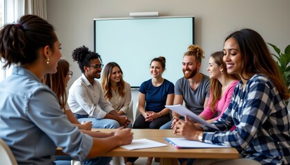 Fototapeta premium A group of eight diverse young adults are seated around a table in a bright, modern room, engaging in a discussion