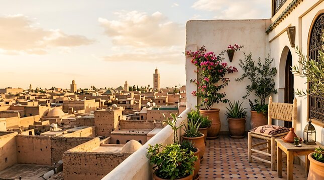 Sunny rooftop terrace overlooking a historic moroccan medina at dusk