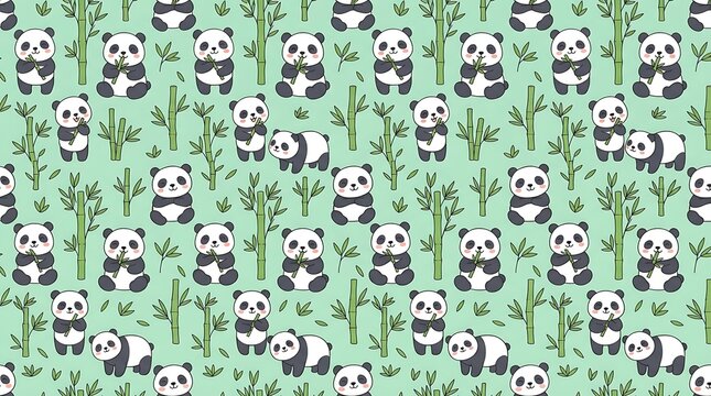 Cute panda and bamboo seamless pattern on green background