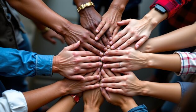 Multiple hands of different skin tones are stacked together in the center of the image, symbolizing unity and collaboration