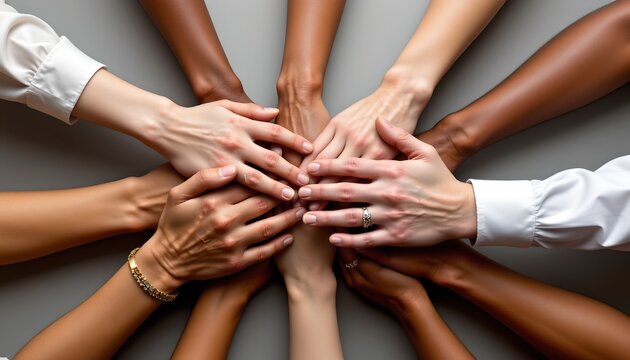 The image shows a group of diverse hands stacked together in the center, symbolizing unity and teamwork
