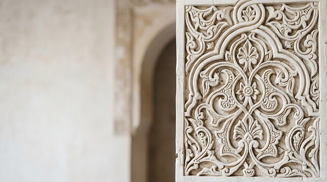 Intricate floral pattern carved into white stone architecture
