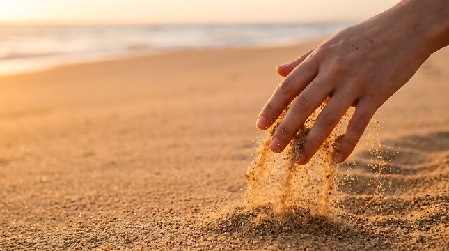 Hand letting sand fall through fingers on golden beach