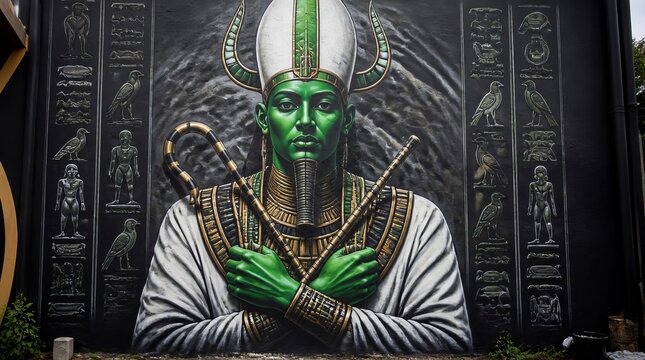 Ancient Egyptian God Osiris Mural with Green Skin and Hieroglyphs