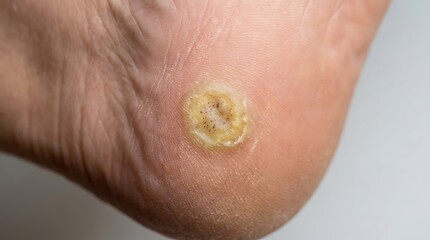 Fototapeta premium Plantar wart on human heel showing realistic skin texture and clinical detail