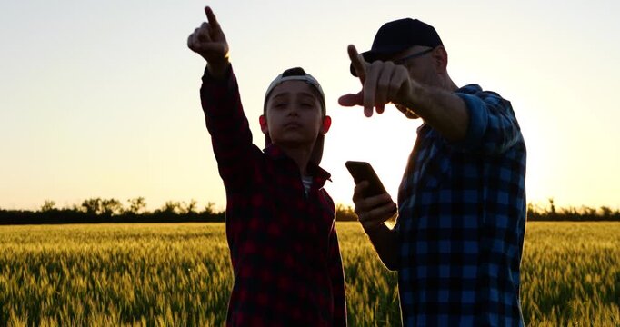 Father and son use smartphone in wheat field at sunset, discussing farming and looking toward future together. Countryside scene represents guidance, agricultural heritage and preparing future farmer.