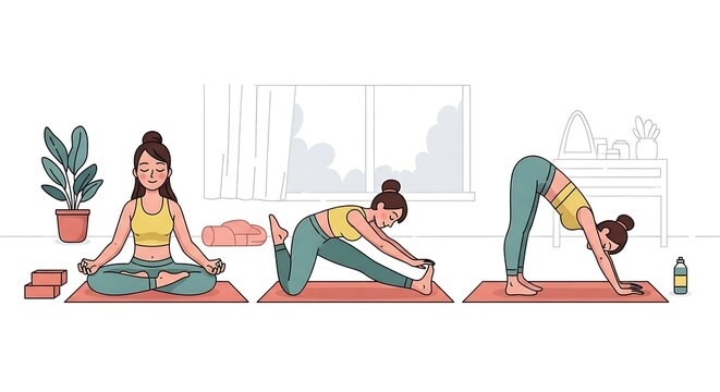 A woman performs three yoga poses on a mat in a serene room