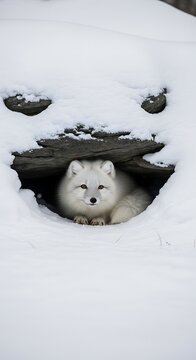 A white arctic fox rests in a snowy den, peeking out cautiously