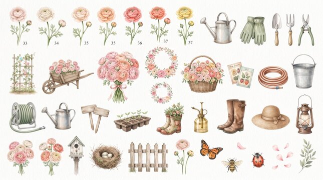 Watercolor gardening and spring flower clipart set featuring various plants, tools, and rustic outdoor elements isolated on white background