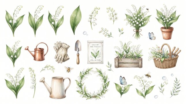 Hand-painted watercolor collection showcasing the elegance of lily of the valley, complete with blooming sprigs, verdant leaves, and essential gardening equipment for a fresh spring vibe