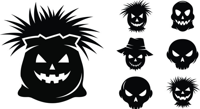 Halloween scarecrow skull silhouettes vector icon set for spooky designs