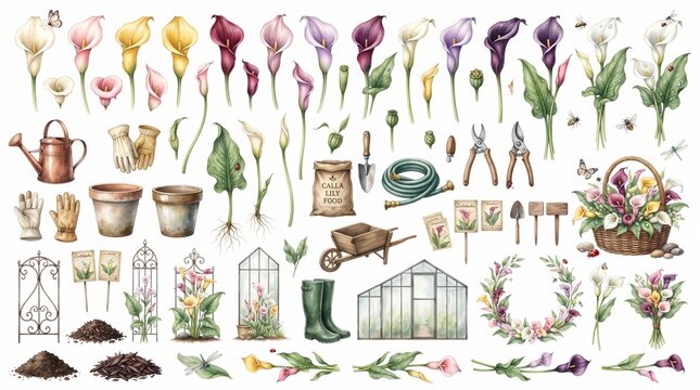 Beautiful Watercolor Garden Elements with Flowers, Tools, and Greenhouse Illustrations for Spring and Summer Designs