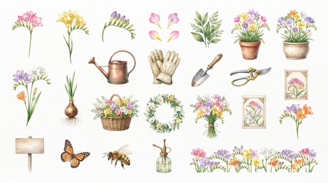 Watercolor gardening and freesia flower set with tools, pots, floral wreath, and insects for spring design projects