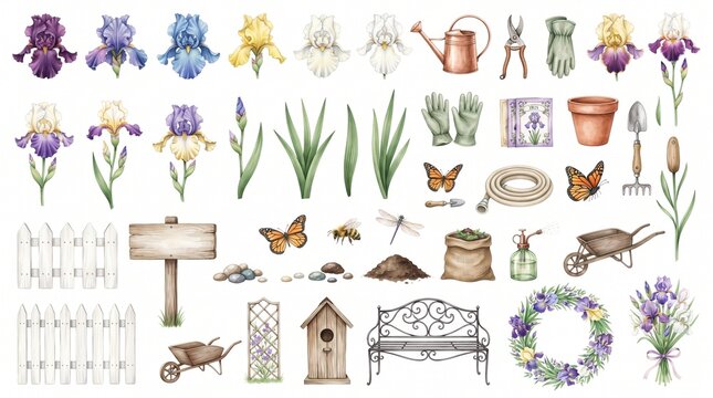 Watercolor iris flowers and gardening elements clipart set with gardening tools, bench, and butterflies