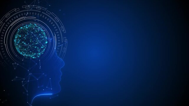 Blue AI human mind background brain particles, HUD rings, network lines, large copy space. artificial intelligence neural science intros, machine learning promos, data presentations, futuristic tech