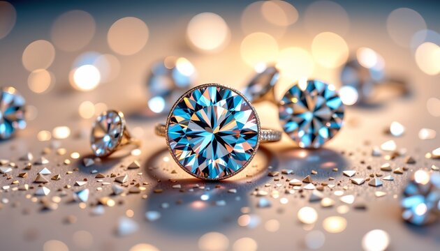 The image features a collection of sparkling jewelry, prominently highlighting a pair of stud earrings with large, round cut stones that exhibit brilliant facets