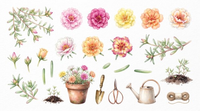 Watercolor Gardening Collection with Spring Flowers, Green Leaves, and Garden Tools for Design