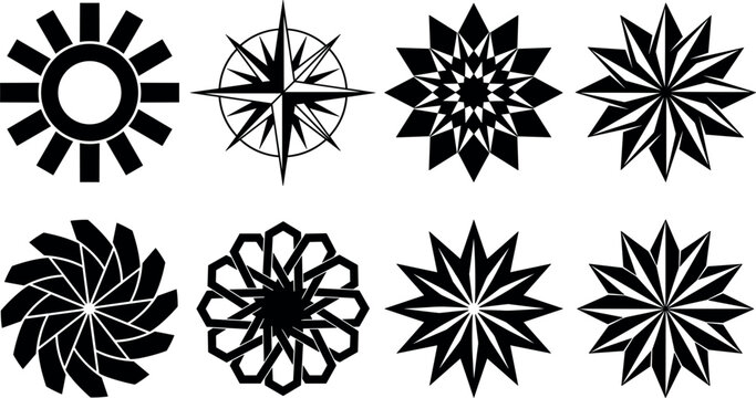 Geometric Black Silhouette Starburst and Compass Rose Icon Set Featuring Mandala Sunburst Windrose and Ornate Tribal Geometric Elements for Logo Design Vector Illustration