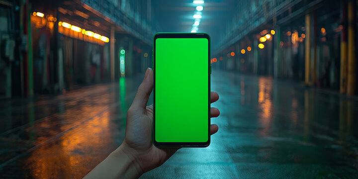 Close-up of green smartphone screen in person's hands with finger hovering over screen
