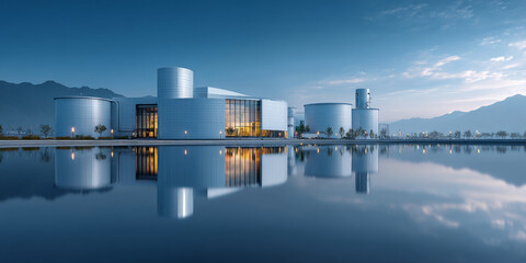 Naklejka premium Modern urban water treatment plant with blue sky and reflective water