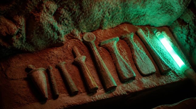 Ancient tools illuminated by mysterious green light on textured rock