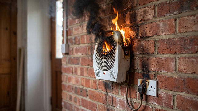 Wall-mounted electric heater catching fire during use. Overheated fan heater bursting into flames on brick wall indoors.