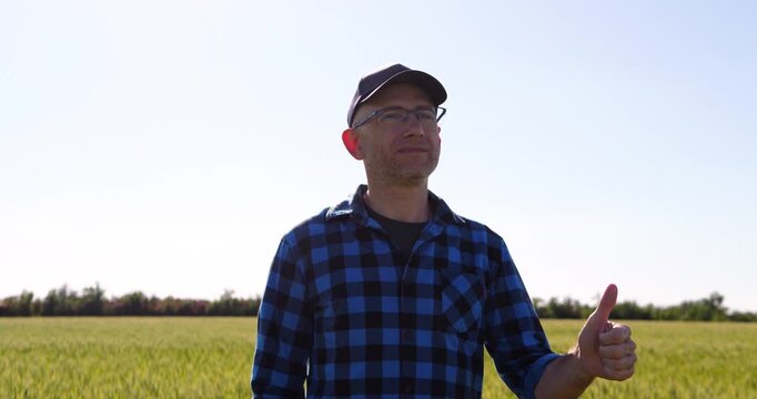 Farmer standing in green wheat field gives thumbs up while looking across healthy crops. Sunny countryside scene represents successful agribusiness, confidence, productivity and agricultural growth.