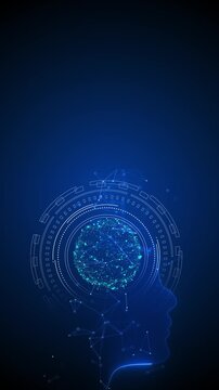 Human head AI concept digital brain sphere, circular interface marks, deep blue empty space. innovation cognitive technology intros, smart automation promos, science explainers, neural data screens.
