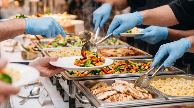 Chefs serving gourmet buffet dishes to guests. Professional culinary team plating fresh food at catering event.