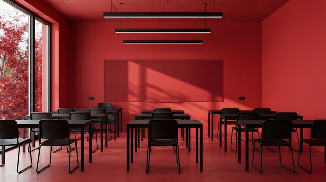Modern Red Classroom Interior with Empty Student Desks and Whiteboard