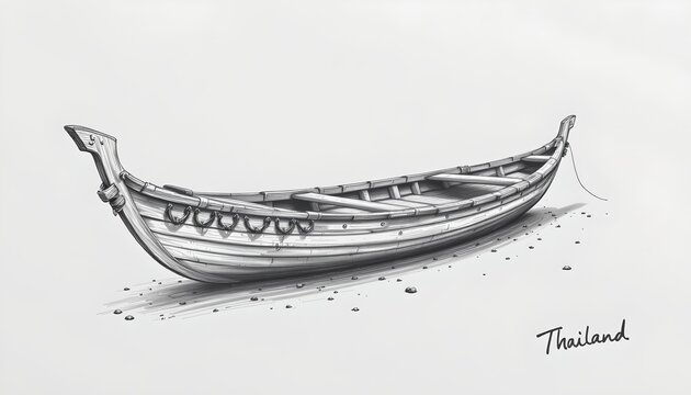 The image depicts a traditional wooden boat resting on a sandy surface with scattered small stones. The boat has a curved, elongated shape with detailed planks and a pointed prow