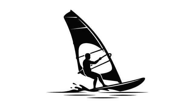 Silhouette of a windsurfer on a board with a sail, gliding on water