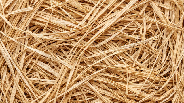 Natural scattered raffia straw ribbons texture background