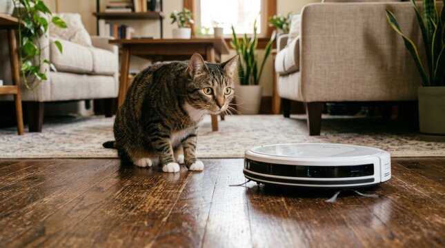 Curious tabby cat watches a modern robot vacuum cleaner cleaning home