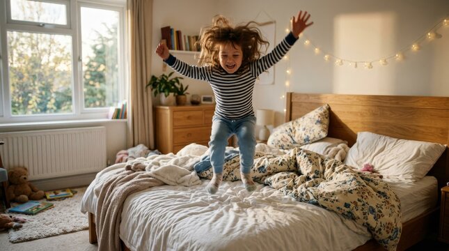 Energetic child joyfully jumping on a cozy bed in a sunlit bedroom