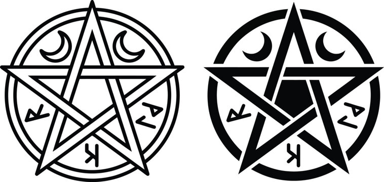 Pentagram Magic Icon Set Representing Wiccan Symbol, Occult Protection, Pagan Ritual and Mystical Spirituality. Editable Line Icons. Vector Illustration.